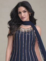 Beautiful Navy Blue Sequins Silk Designer Dhoti Suit With Dupatta