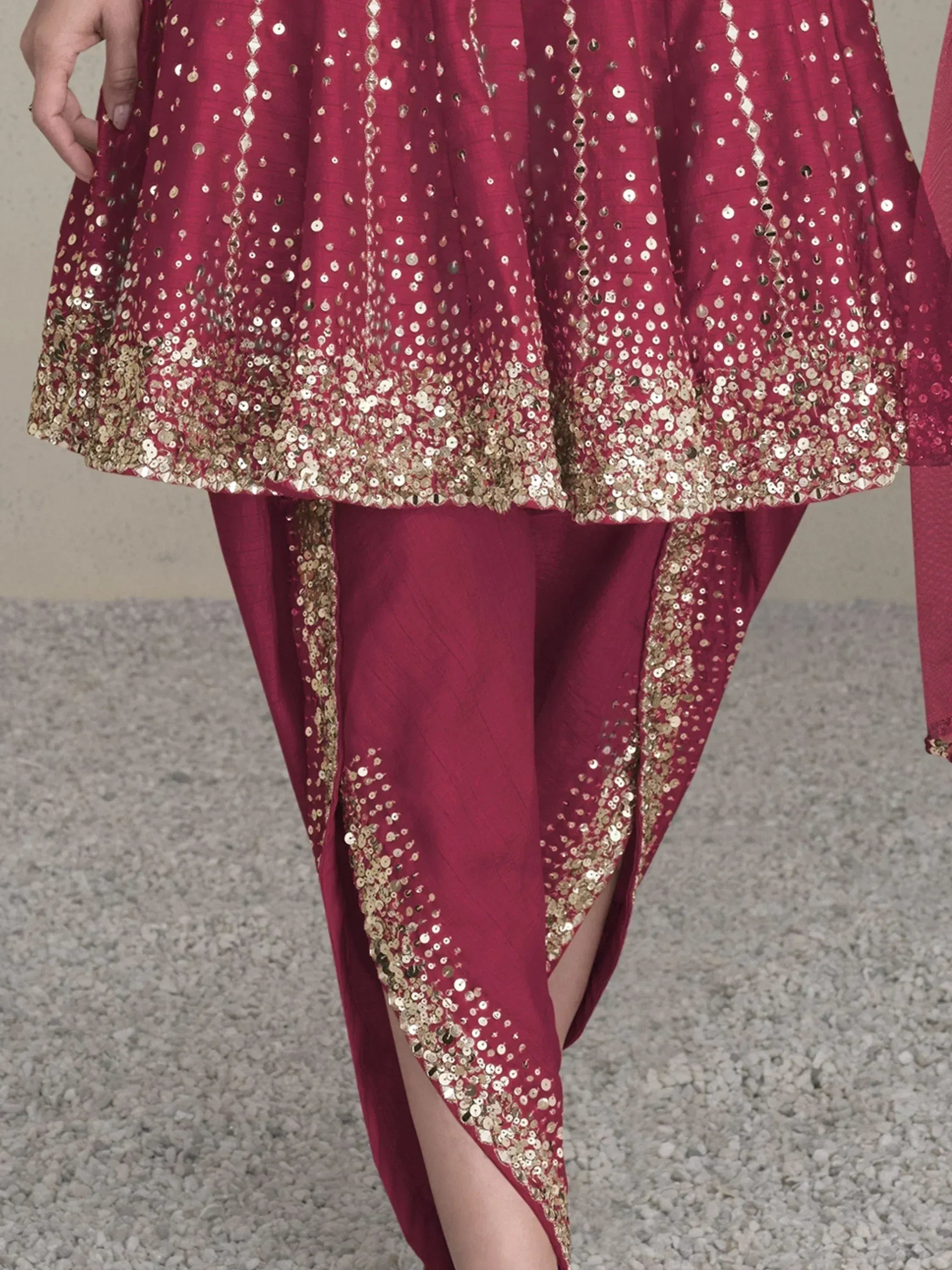 Burgundy ethnic gown with gold sequin detailing, perfect for Indian festive occasions and weddings
