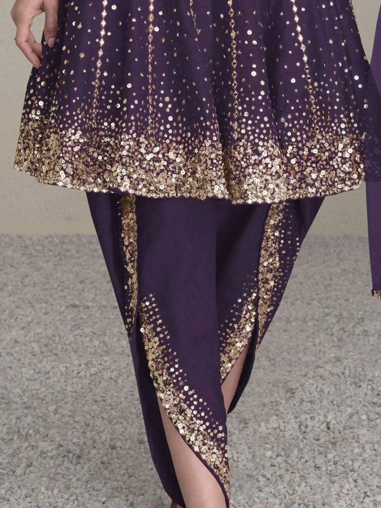 Marvelous Purple Sequins Silk Wedding Wear Dhoti Suit With Dupatta