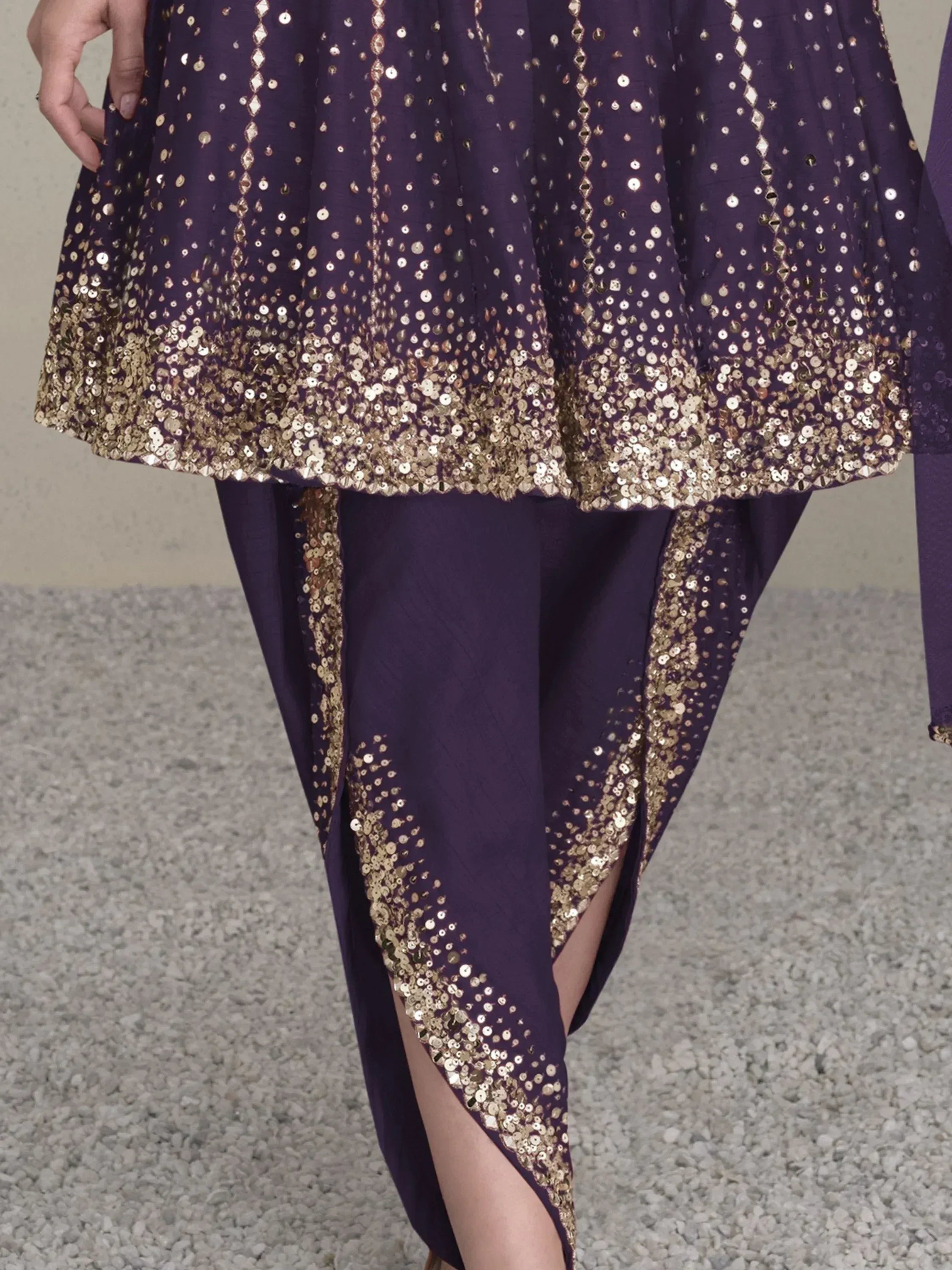 Purple ethnic gown with gold sequin detailing, perfect for festive occasions and Indian celebrations