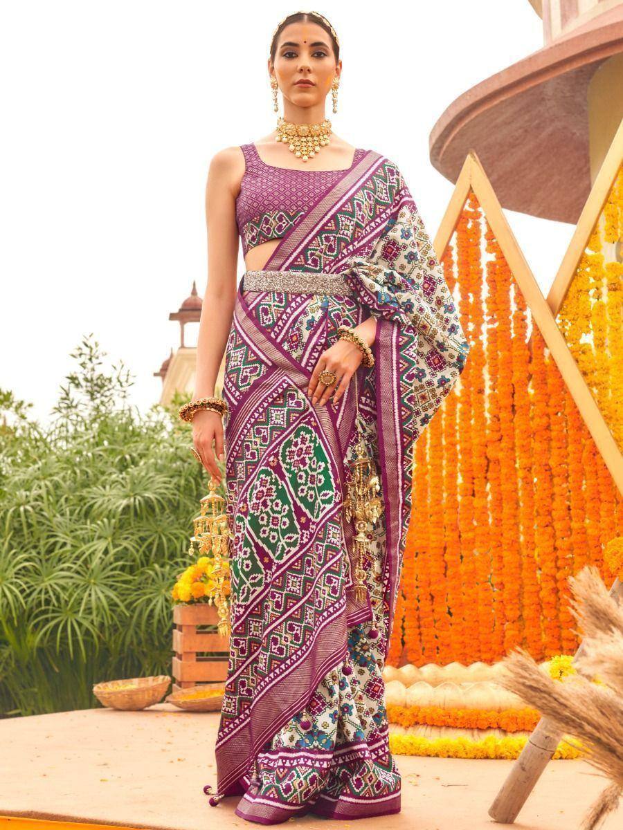 Purple and green printed saree with ethnic blouse, perfect for Indian festive occasions and weddings