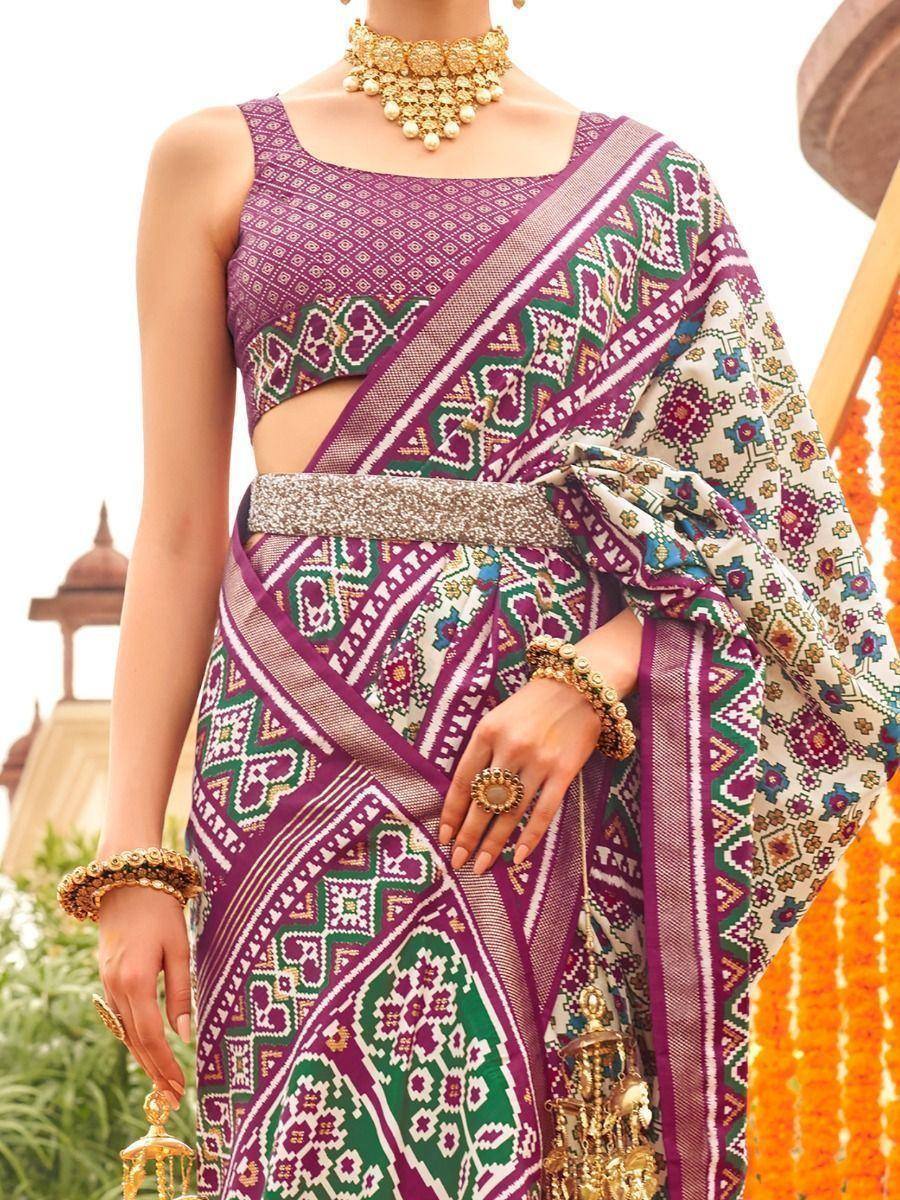 Purple and green printed saree with gold jewelry, ethnic Indian wear