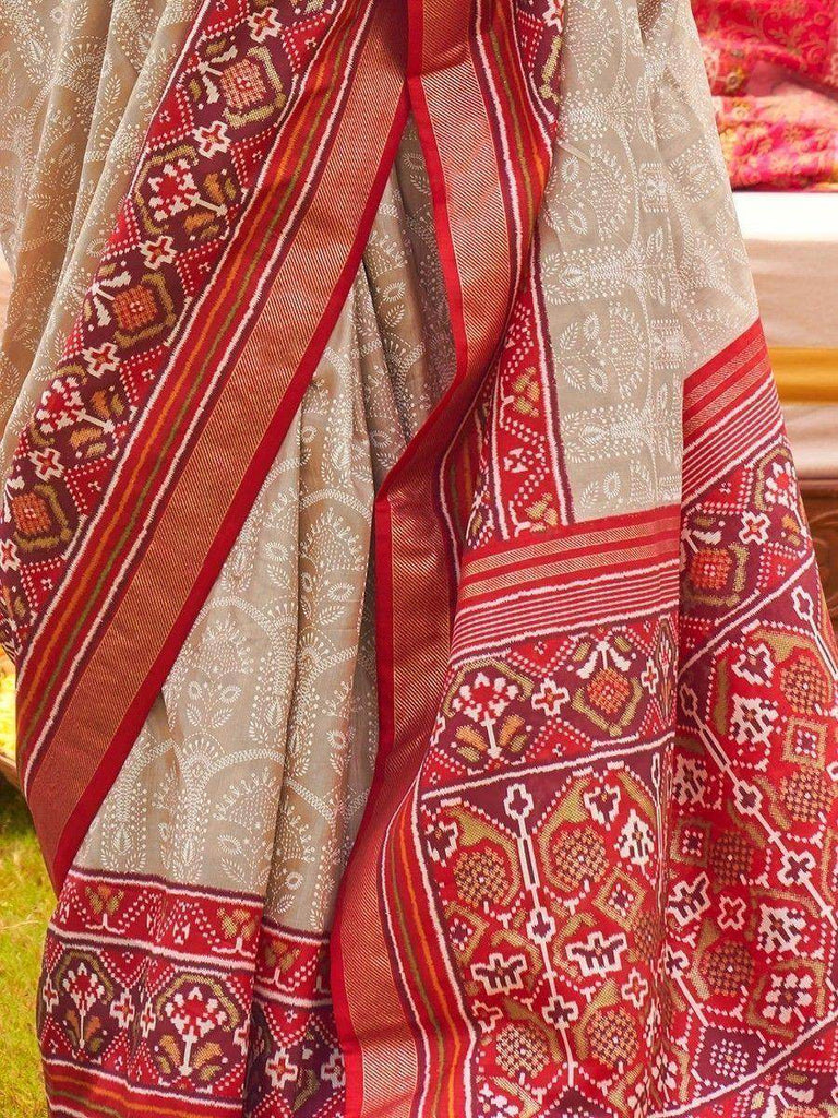 Stunning Grey Patola Printed Silk Wedding Wear Saree With Blouse