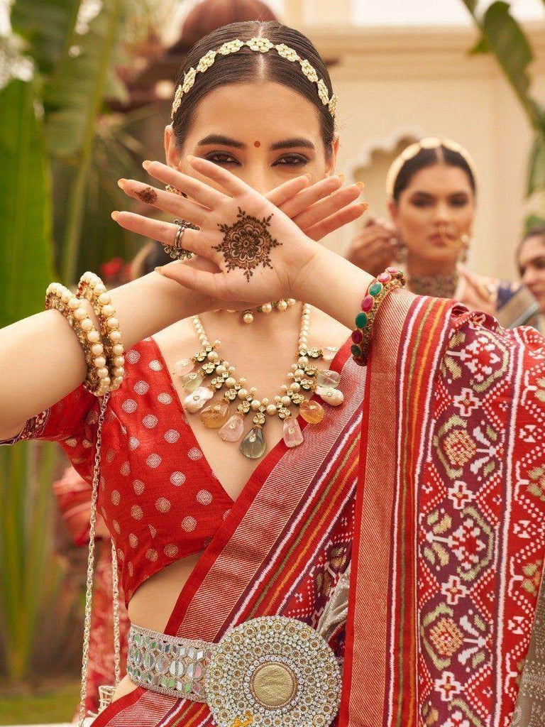 Stunning Grey Patola Printed Silk Wedding Wear Saree With Blouse