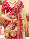 Charming Cream & Red Patola Printed Silk Wedding Saree With Blouse