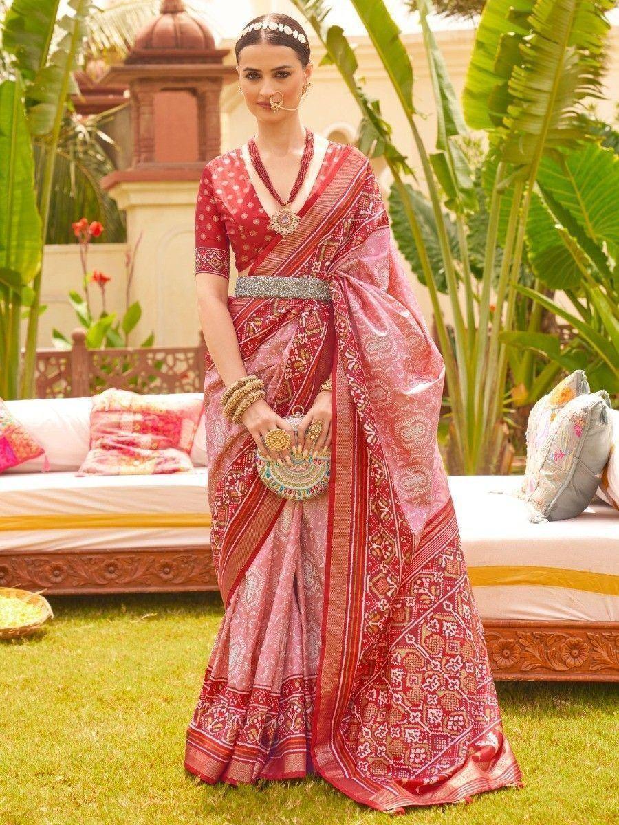 Elegant red and pink ethnic saree with intricate patterns, perfect for Indian celebrations