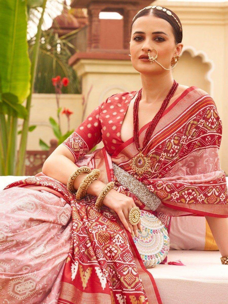 Precious Pink Patola Printed Silk Festival Wear Saree With Blouse