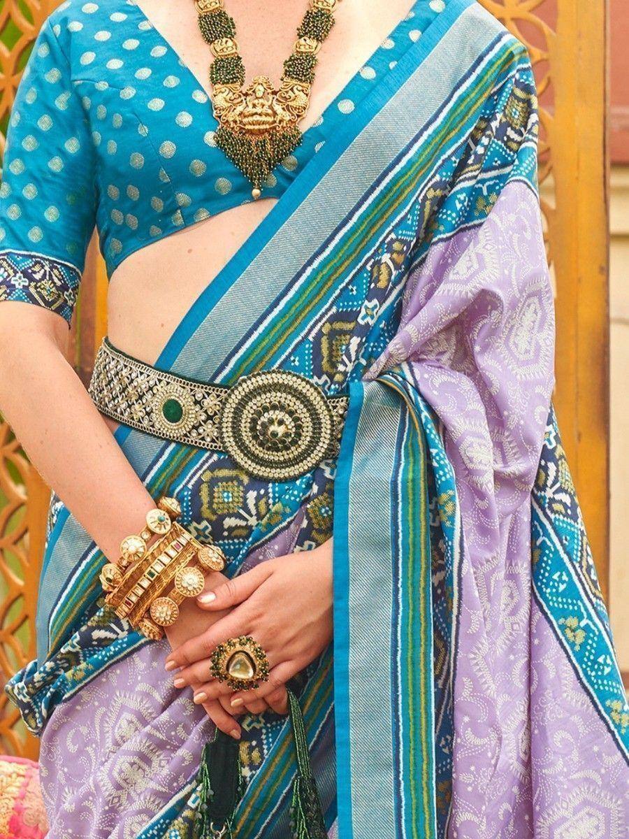 Blue and purple printed saree with gold jewelry, ethnic wear for women