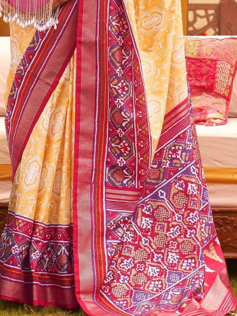 Sweet Yellow & Red Patola Printed Silk Event Wear Saree With Blouse