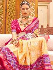 Sweet Yellow & Red Patola Printed Silk Event Wear Saree With Blouse