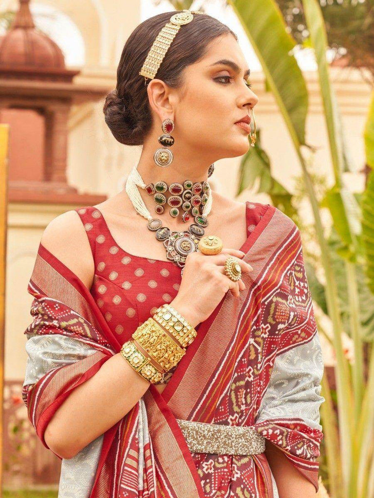 Lovely Grey & Red Patola Printed Silk Traditional Saree With Blouse