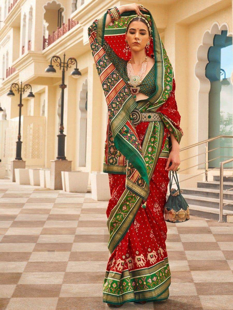 Fabulous Red Patola Printed Silk Wedding Wear Saree With Blouse