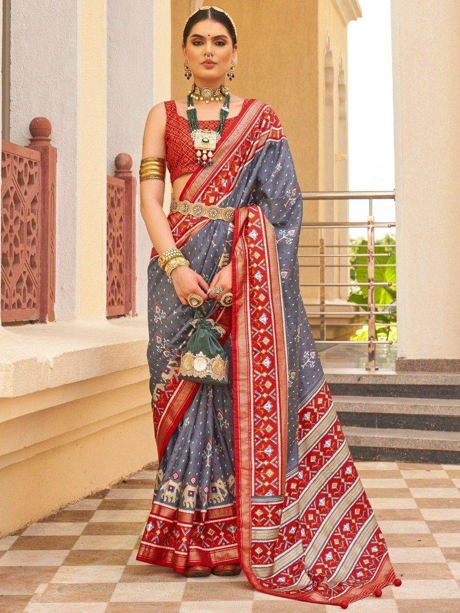 Incredible Grey Patola Printed Silk Festival Wear Saree With Blouse