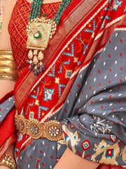 Incredible Grey Patola Printed Silk Festival Wear Saree With Blouse