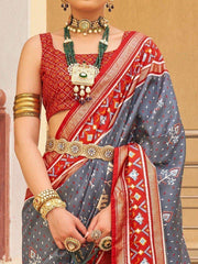 Incredible Grey Patola Printed Silk Festival Wear Saree With Blouse