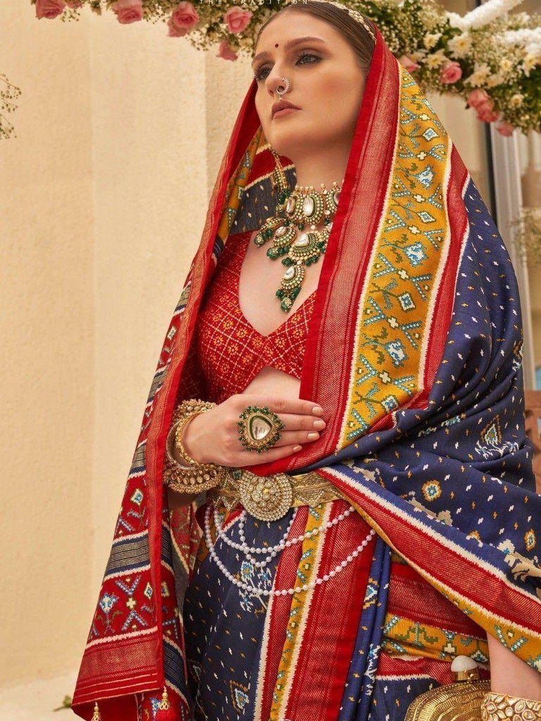 Stunning Navy Blue Patola Printed Silk Wedding Wear Saree With Blouse