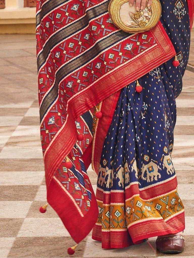 Stunning Navy Blue Patola Printed Silk Wedding Wear Saree With Blouse