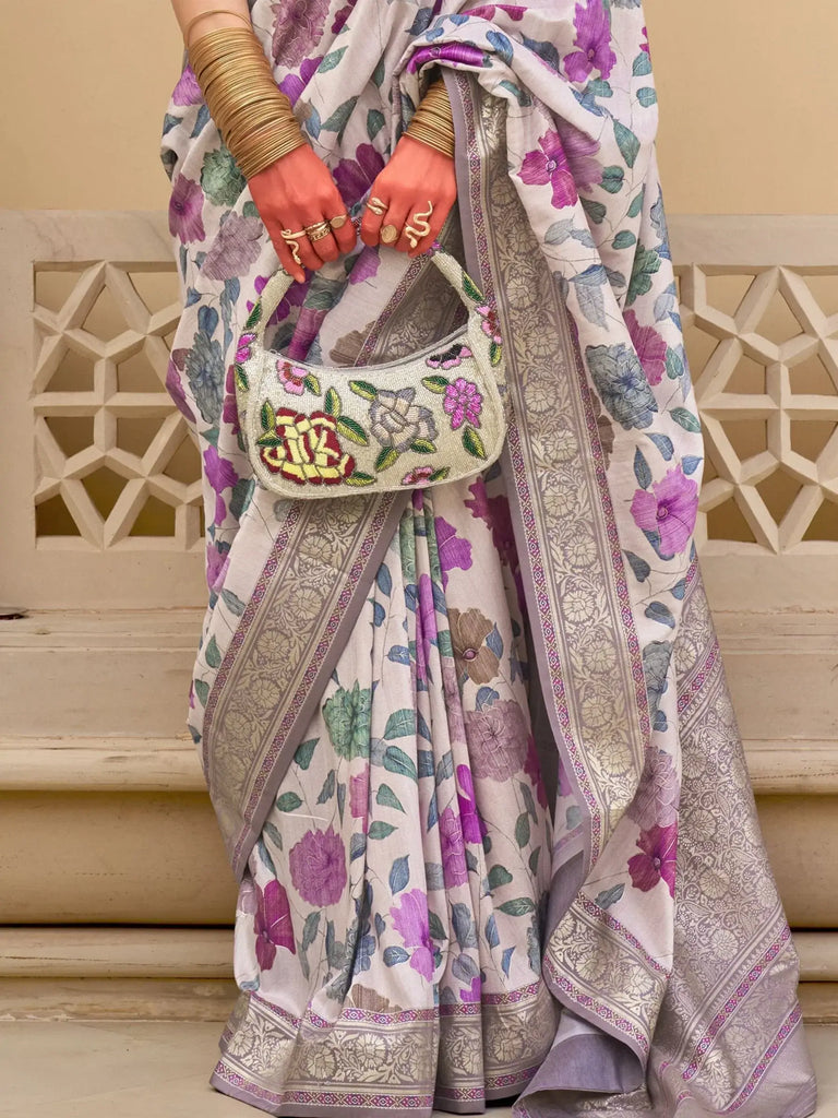 Magnetic White Floral Printed Silk Festival Wear Saree With Blouse