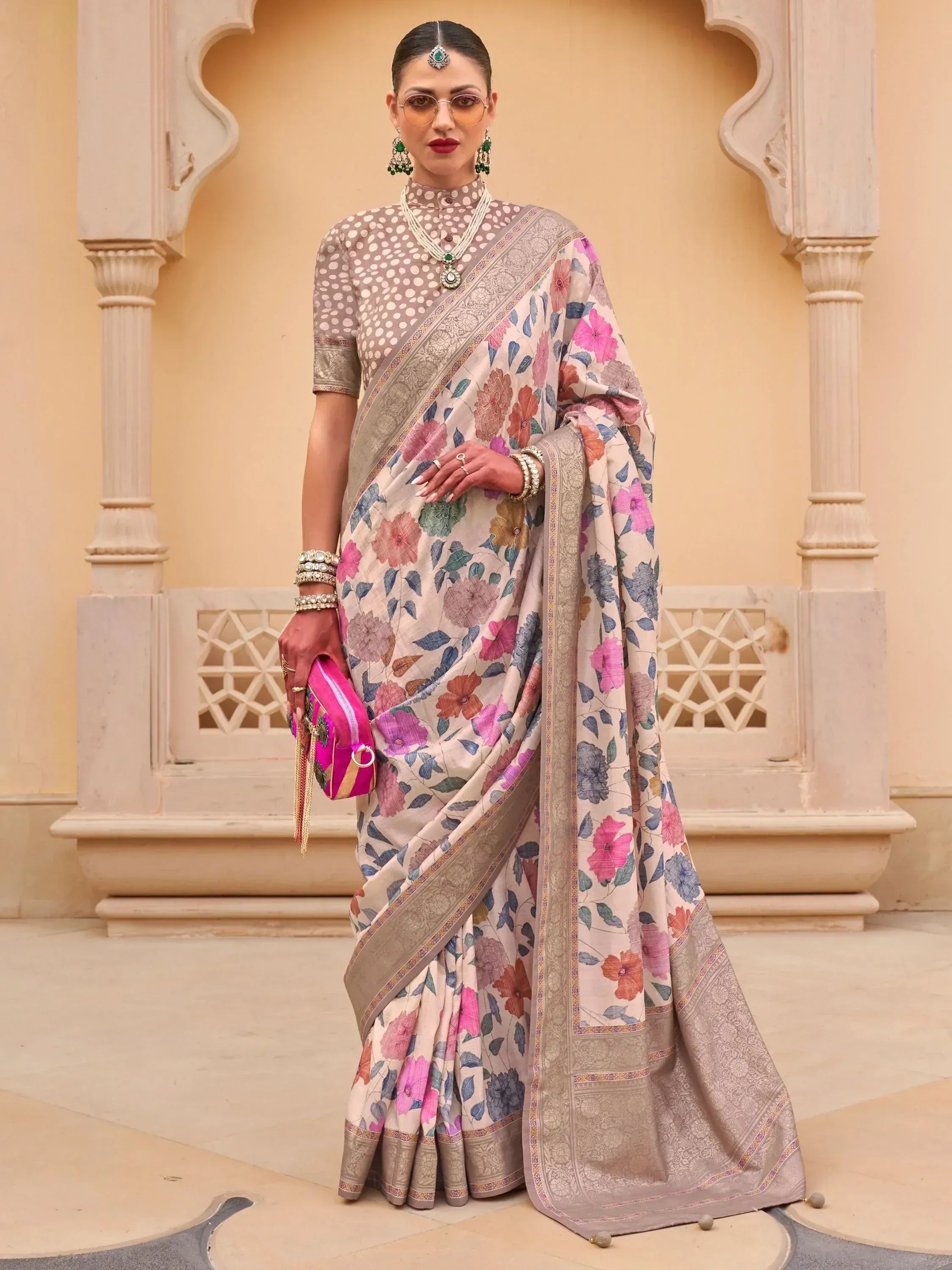 Floral print saree with polka dot blouse, ethnic Indian wear for women, traditional designer saree