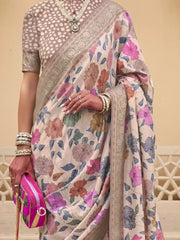 Glamorous Off-White Floral Printed Silk Event Wear Saree With Blouse