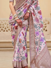 Fascinating Baby Pink Floral Printed Silk Traditional Saree With Blouse