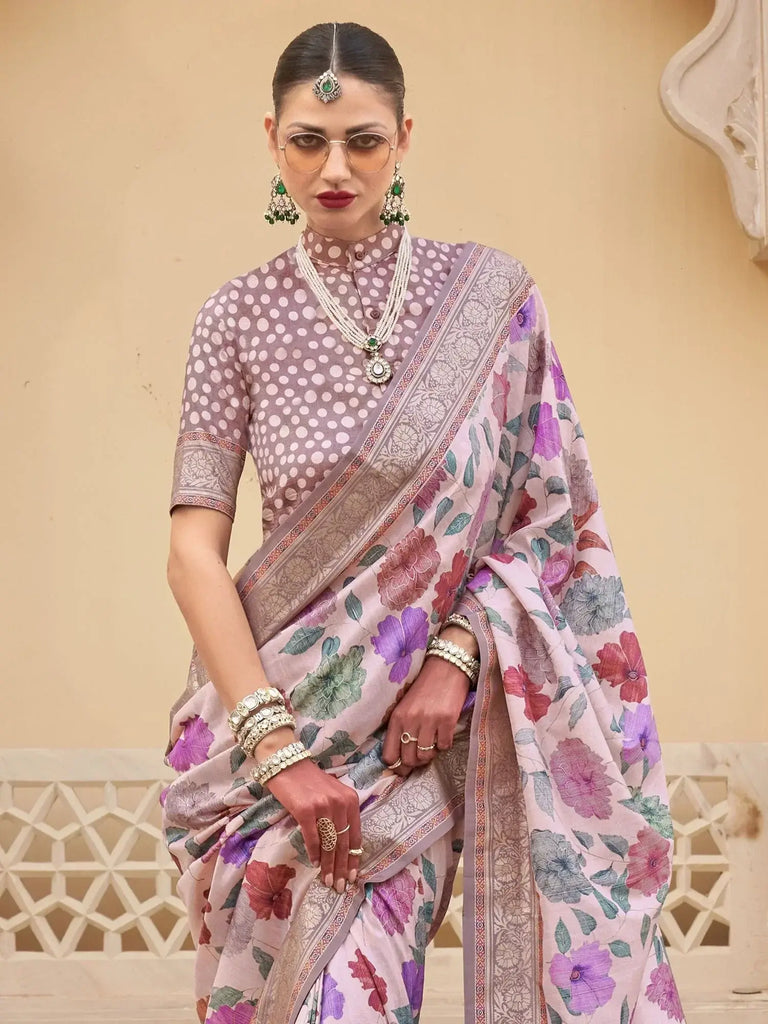 Fascinating Baby Pink Floral Printed Silk Traditional Saree With Blouse