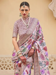 Fascinating Baby Pink Floral Printed Silk Traditional Saree With Blouse