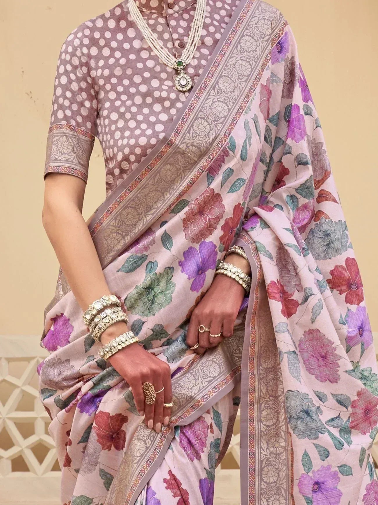 Floral print saree with polka dot blouse, traditional Indian ethnic wear, designer saree with jewelry