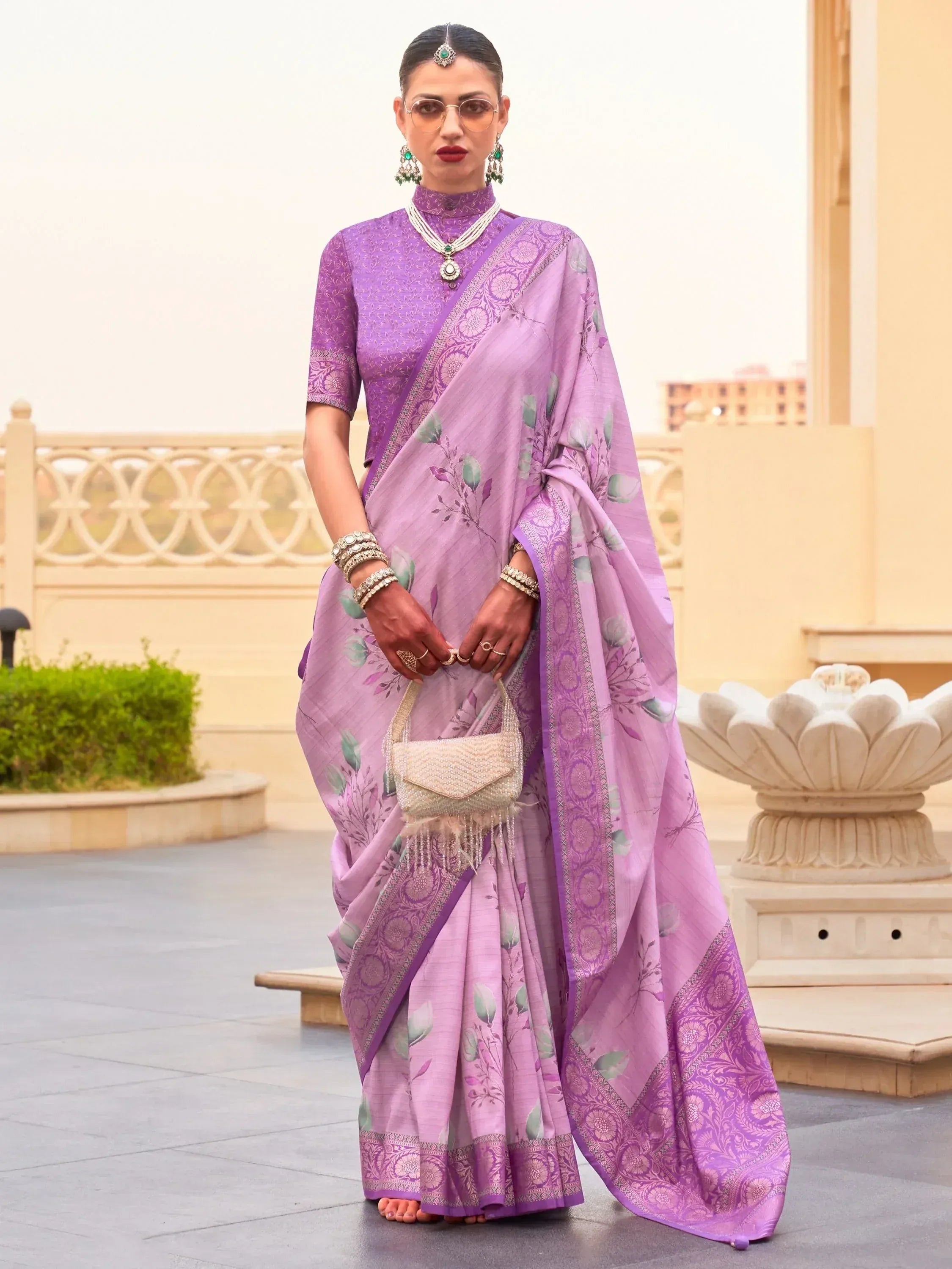 Purple floral printed saree with designer blouse, perfect for Indian ethnic wear occasions