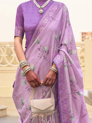 Charming Lavender Printed Silk Wedding Wear Saree With Blouse