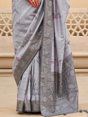 Alluring Grey Digital Printed Silk Event Wear Saree With Blouse