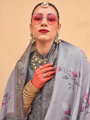 Alluring Grey Digital Printed Silk Event Wear Saree With Blouse