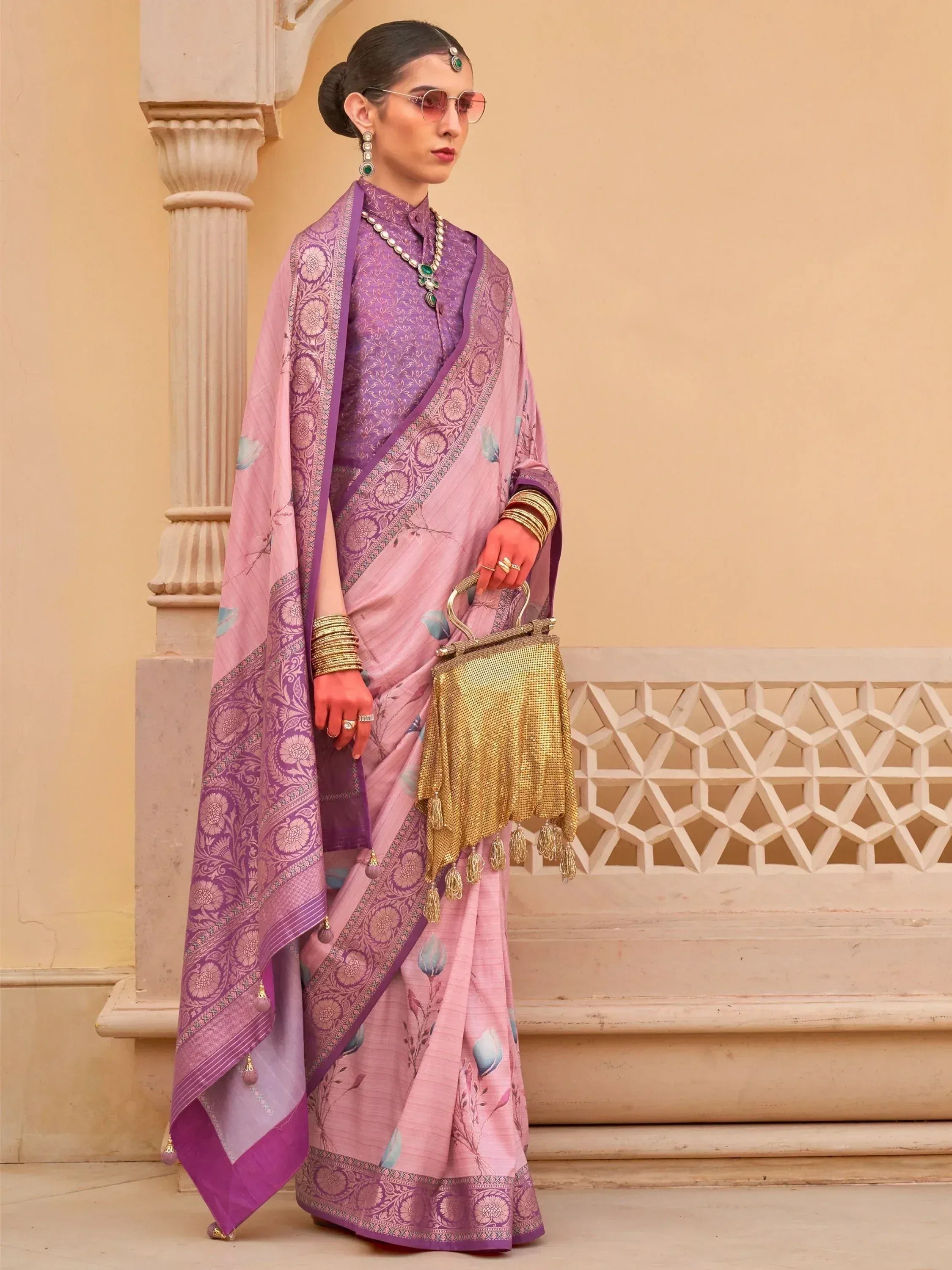Elegant pink and purple designer saree with floral print, perfect for Indian ethnic wear occasions