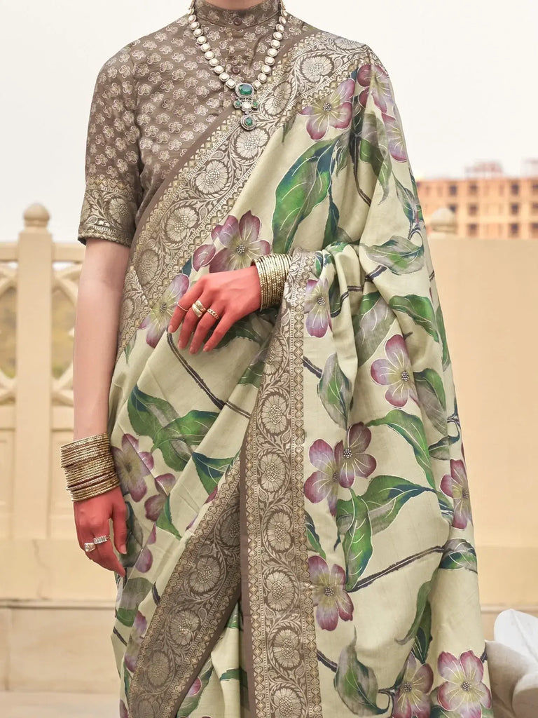 Adorable Cream Floral Printed Silk Festival Wear Saree With Blouse