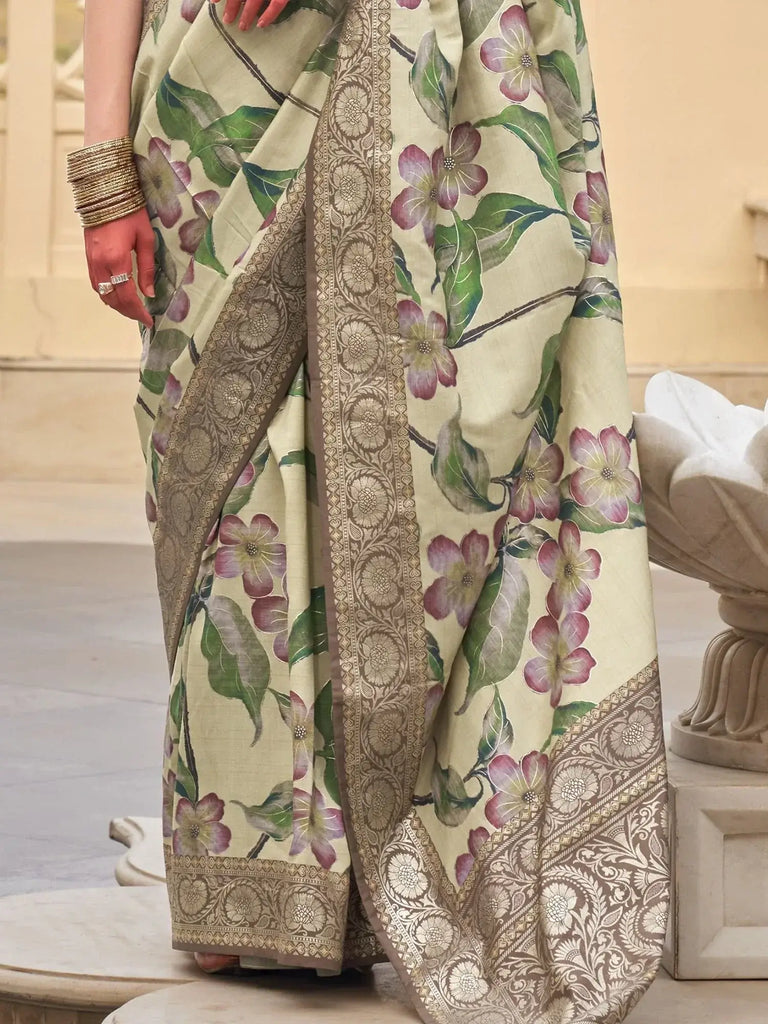 Adorable Cream Floral Printed Silk Festival Wear Saree With Blouse