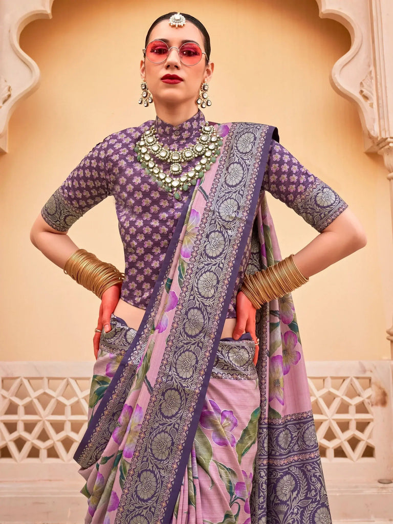 Beautiful Pink Floral Printed Silk Function Wear Saree With Blouse
