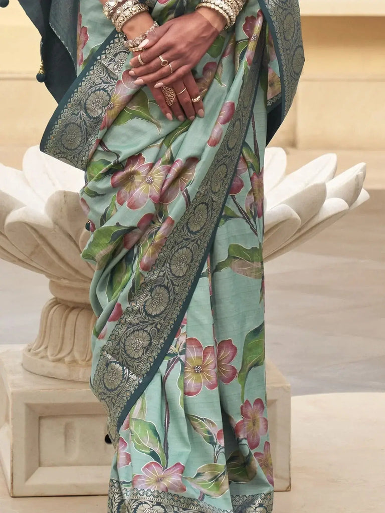 Stunning Mint Green Floral Printed Silk Function Wear Saree With Blouse