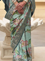 Stunning Mint Green Floral Printed Silk Function Wear Saree With Blouse
