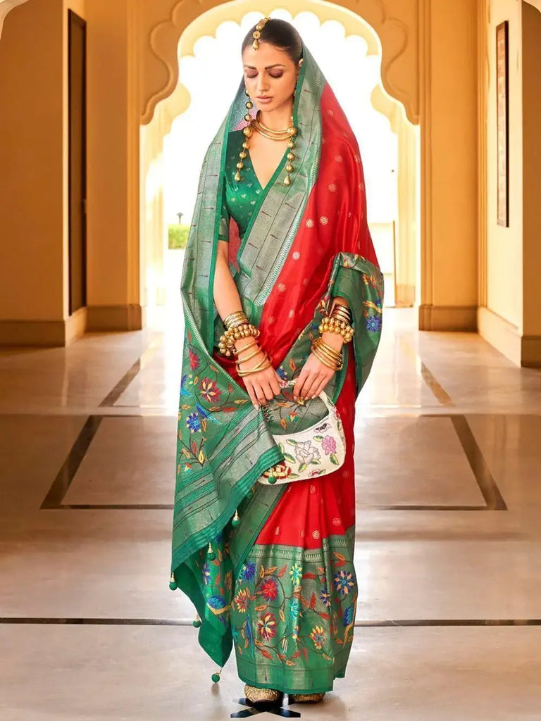 Fantastic Red Zari Weaving Silk Function Wear Saree With Blouse