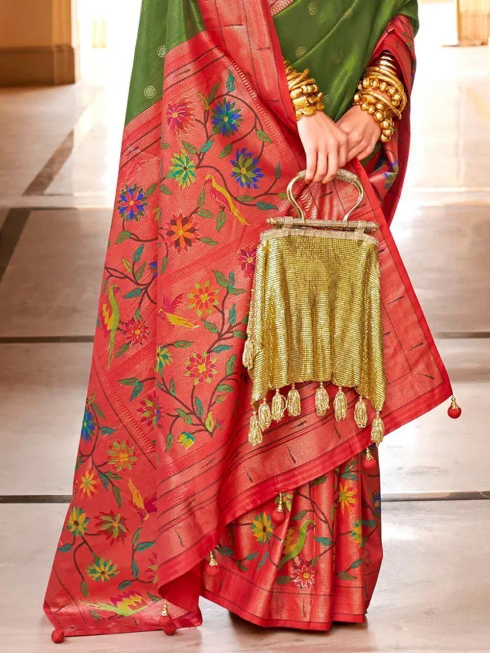 Wonderful Olive Green Digital Printed Silk Event Wear Saree With Blouse