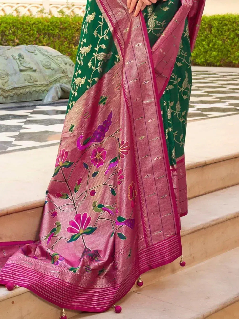 Pink and green designer saree with floral and peacock embroidery, perfect for ethnic occasions