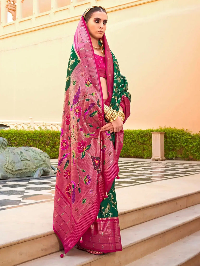 Fabulous Green Digital Printed Silk Mehendi Wear Saree With Blouse