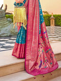 Awesome Blue Foil Printed Silk Festival Wear Saree With Blouse