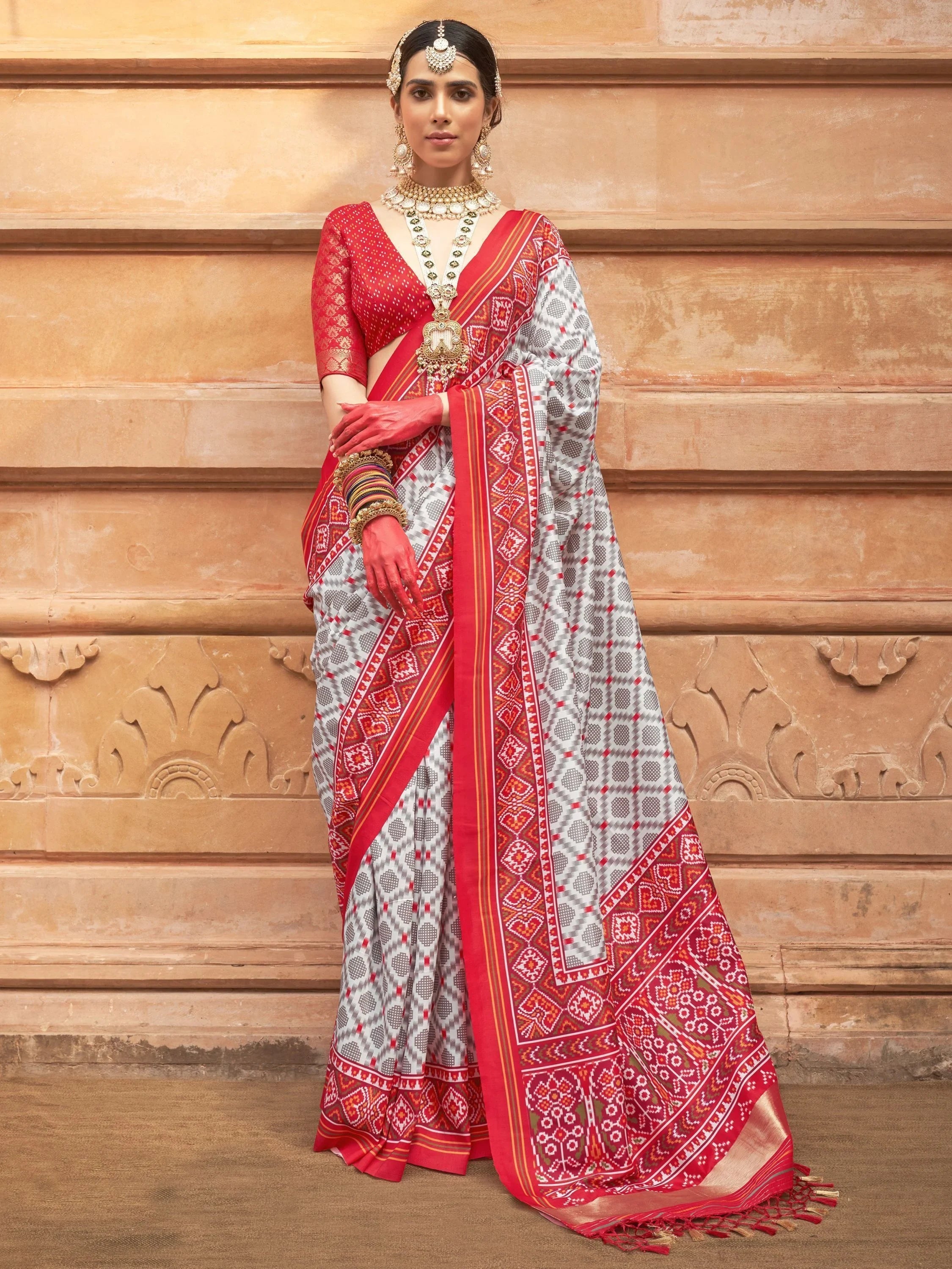 Gorgeous Grey Patola Printed Silk Festival Wear Saree With Blouse