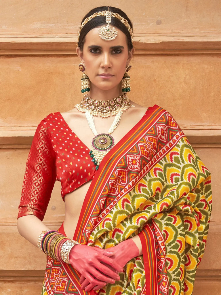 Captivating Yellow Patola Printed Silk Traditional Saree With Blouse