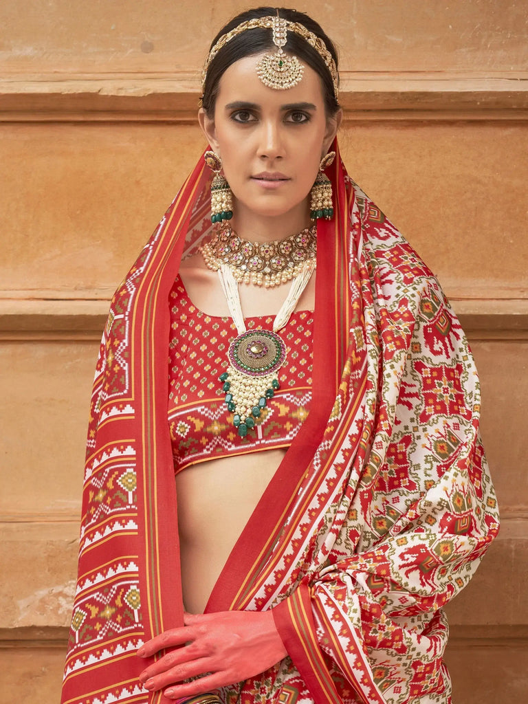 Alluring Beige Patola Printed Silk Event Wear Saree With Blouse