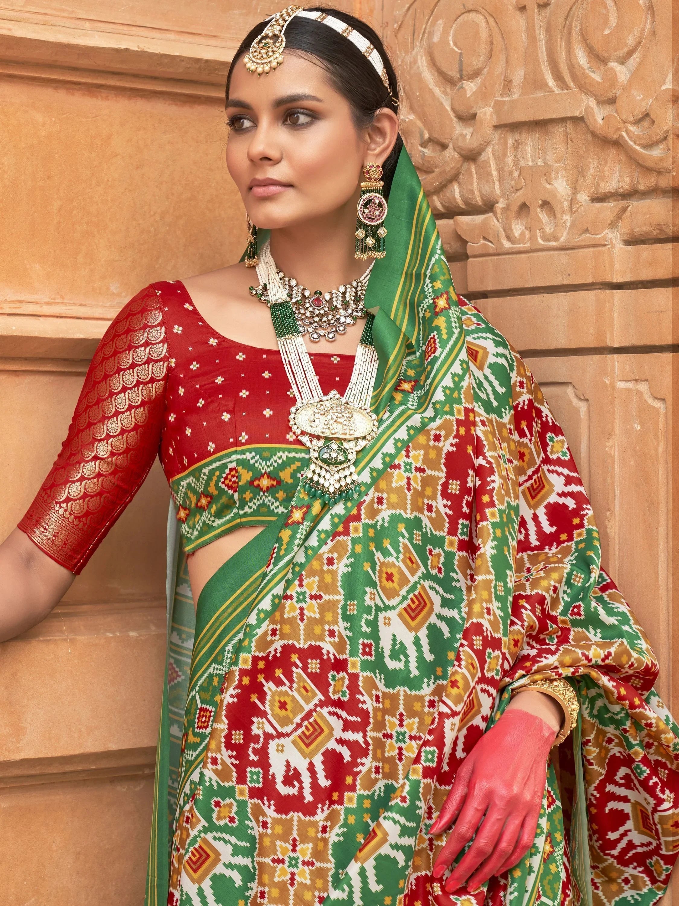 Stunning Green Patola Printed Silk Traditional Saree With Blouse