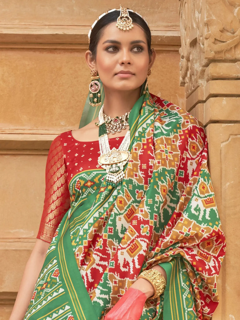 Stunning Green Patola Printed Silk Traditional Saree With Blouse