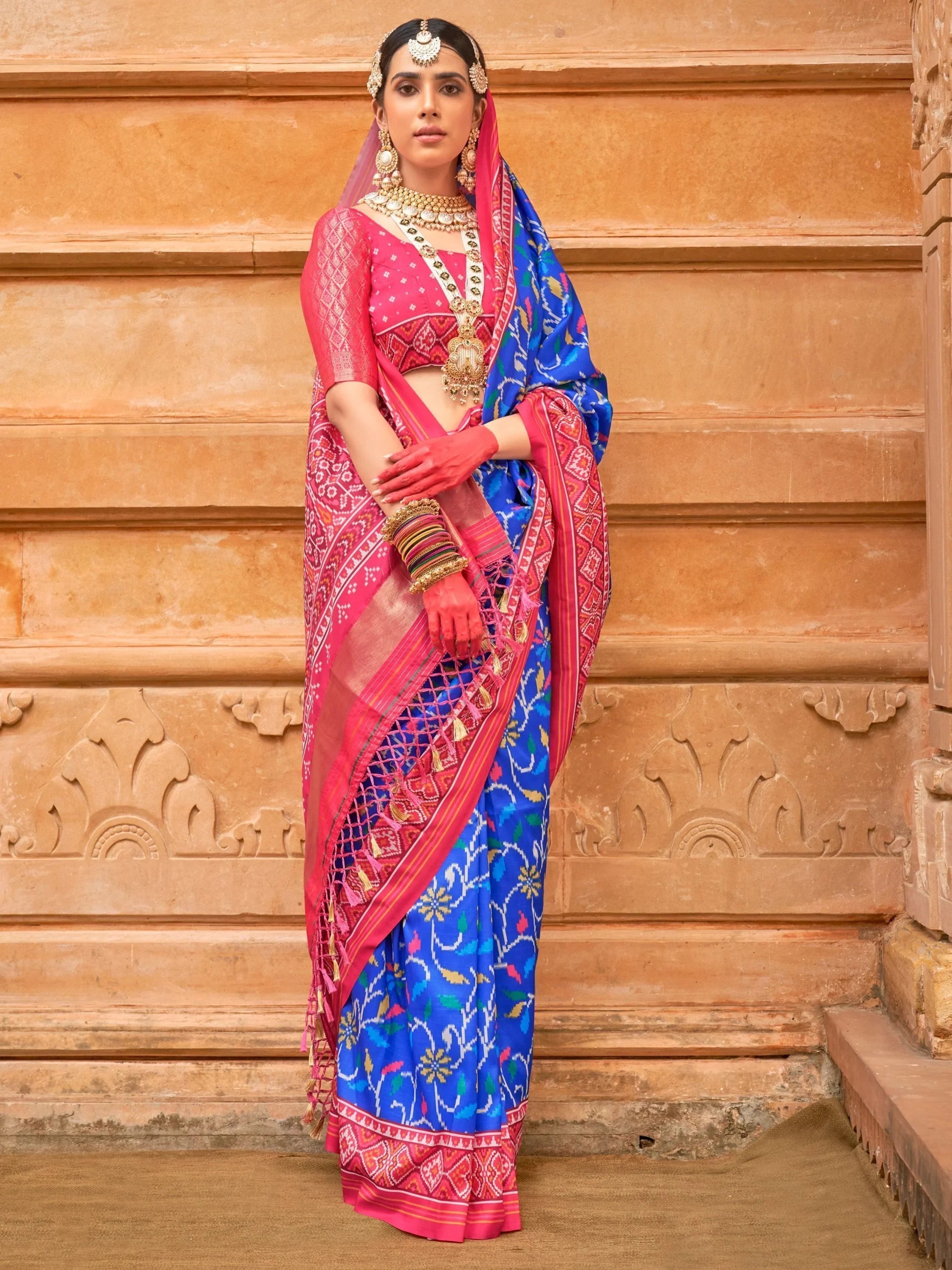 Astonishing Blue Patola Printed Silk Festival Wear Saree With Blouse