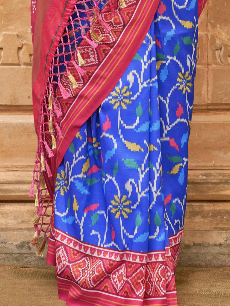 Astonishing Blue Patola Printed Silk Festival Wear Saree With Blouse